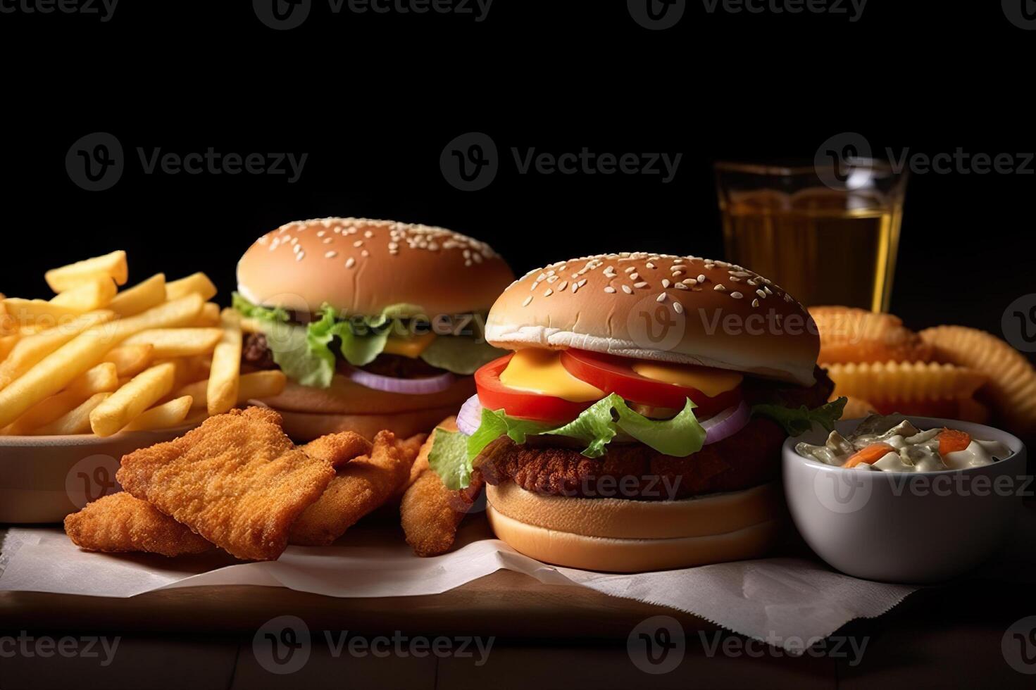 AI generated Irresistible Fast Food Combo Savor the Goodness of French Fries, Chicken Wings, Chicken Popcorn, Chicken Nuggets, and a Delectable Chicken Burger. created with Generative AI photo