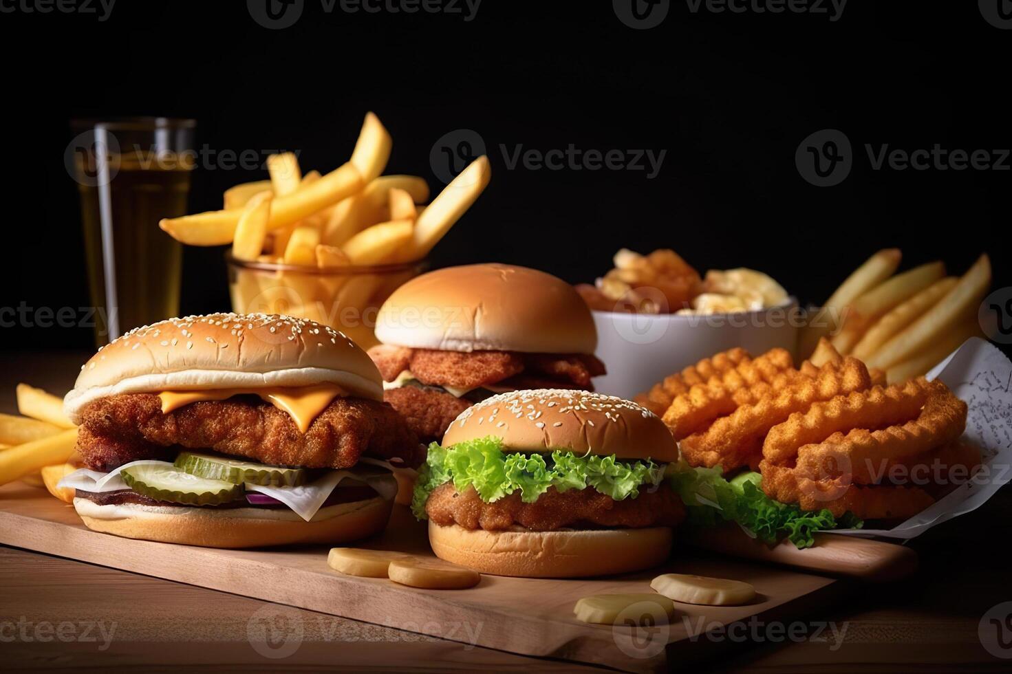 AI generated Irresistible Fast Food Combo Savor the Goodness of French Fries, Chicken Wings, Chicken Popcorn, Chicken Nuggets, and a Delectable Chicken Burger. created with Generative AI photo