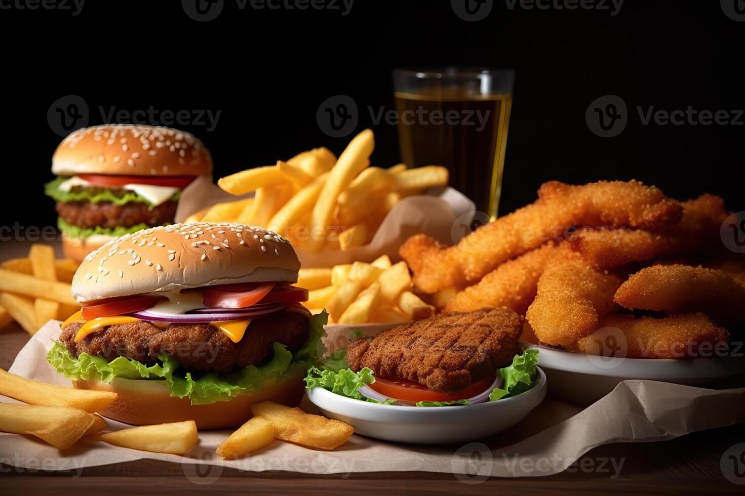 AI generated Irresistible Fast Food Combo Savor the Goodness of French Fries, Chicken Wings, Chicken Popcorn, Chicken Nuggets, and a Delectable Chicken Burger. created with Generative AI photo