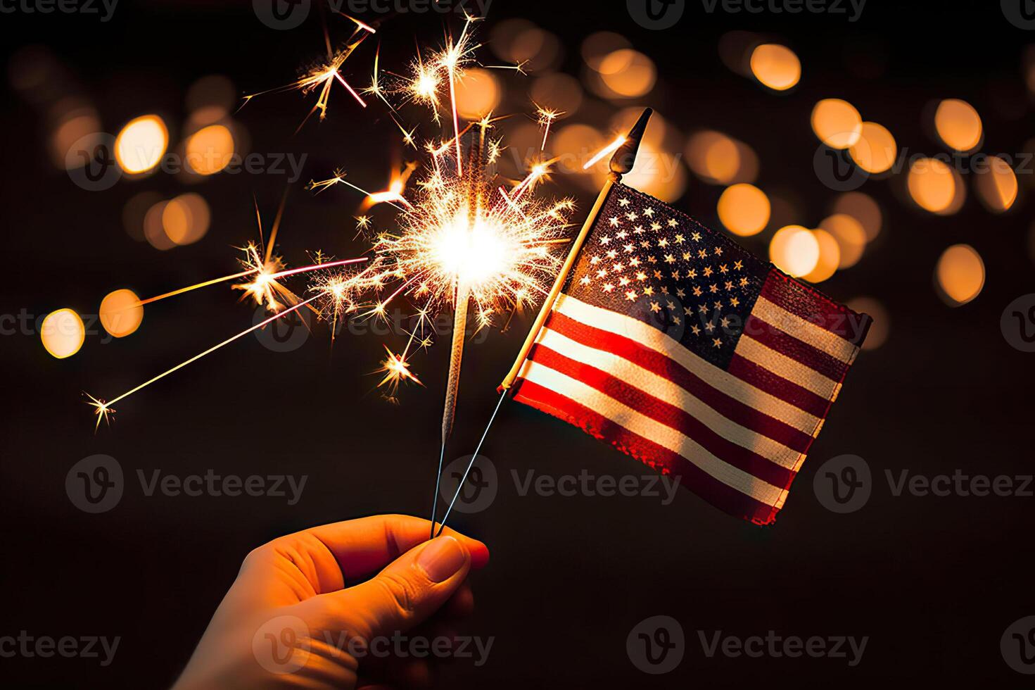 AI generated Patriotic Sparkler Spectacle Hand Holding Lit Sparkler in Front of the American Flag for 4th of July Celebration. created with Generative AI photo