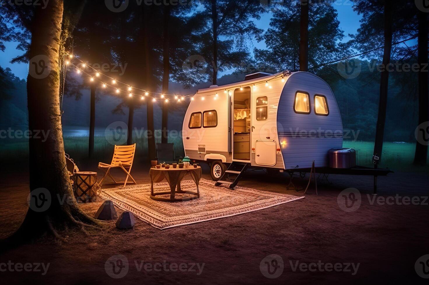 AI generated Embrace Nature's Beauty Experience a Cozy Campervan Getaway with Warm Atmosphere and Soft Lighting. created with Generative AI photo