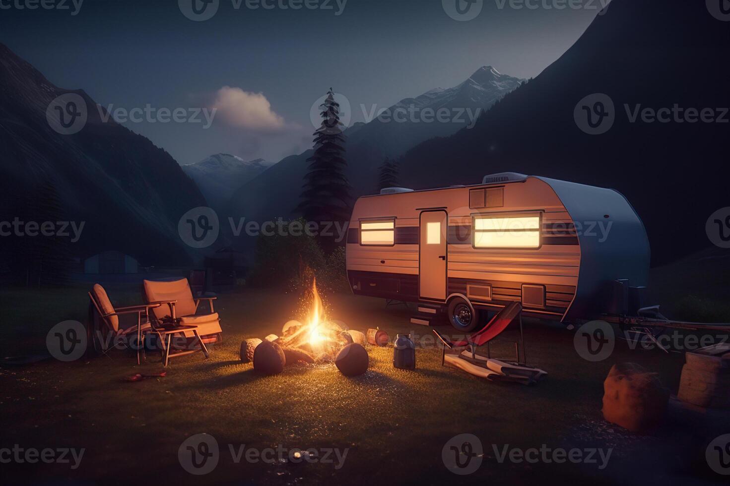 AI generated Adventurous High-Tech Caravan in the Majestic Mountains, Campfire Flickering in Front. created with Generative AI photo