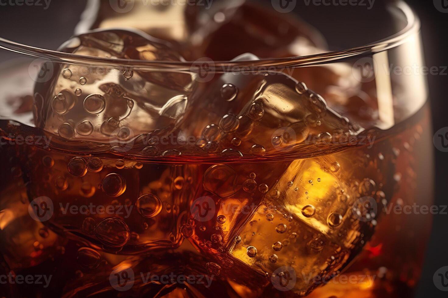 AI generated Refreshing Cola Delight A Close-Up View of a Sparkling Cola Drink with Glistening Ice Cubes. created with Generative AI photo