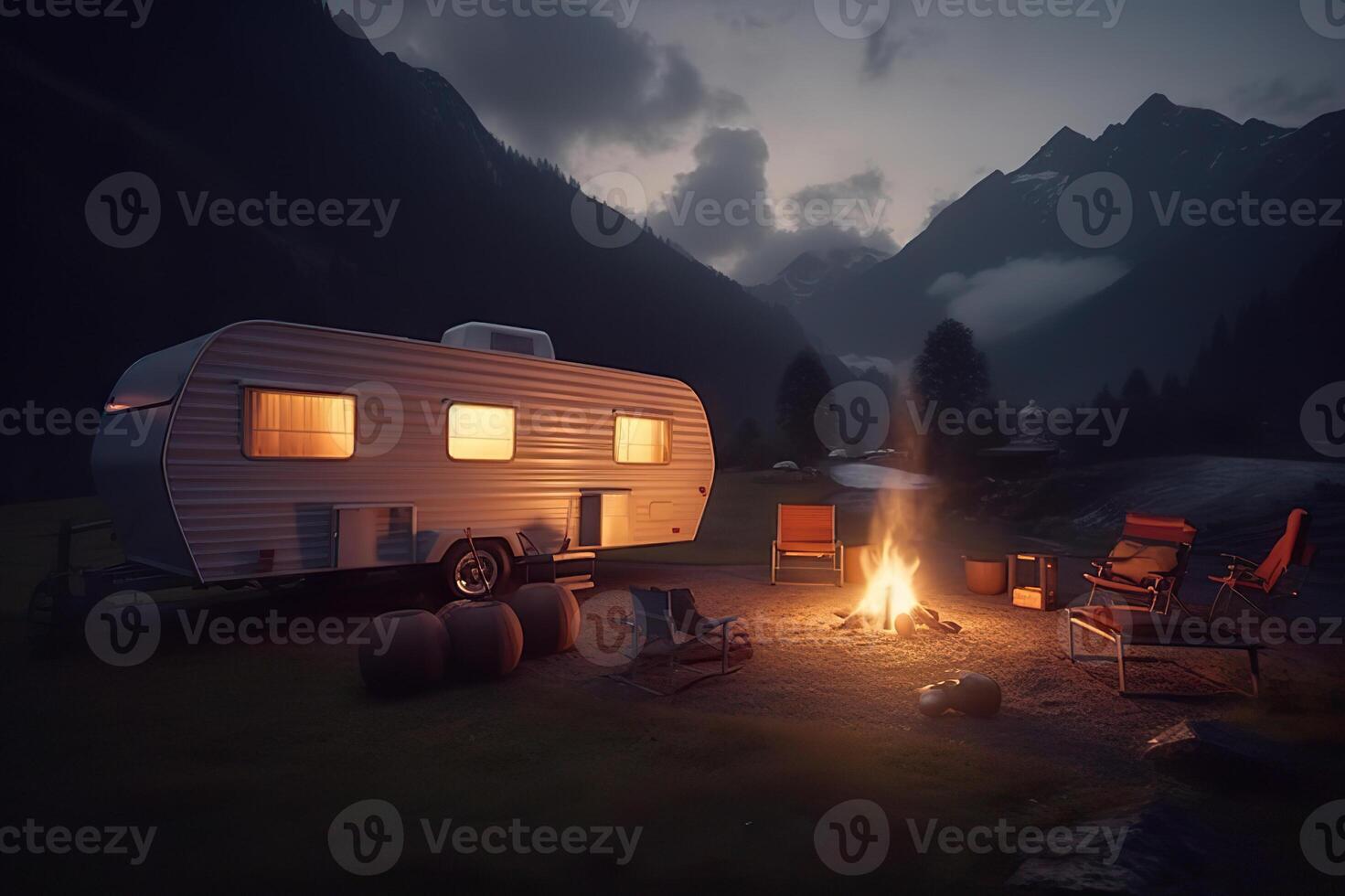 AI generated Adventurous High-Tech Caravan in the Majestic Mountains, Campfire Flickering in Front. created with Generative AI photo