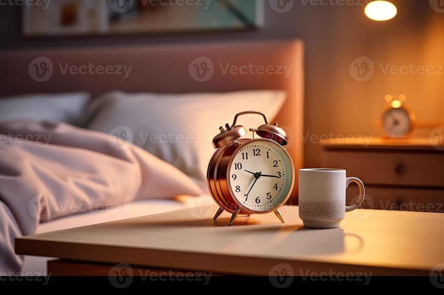 AI generated Serene Bedroom Setting with Alarm Clock Reminding of the Start of a New Day. created with Generative AI photo