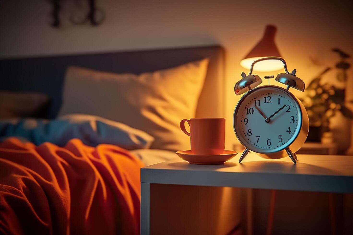 AI generated Serene Bedroom Setting with Alarm Clock Reminding of the Start of a New Day. created with Generative AI photo