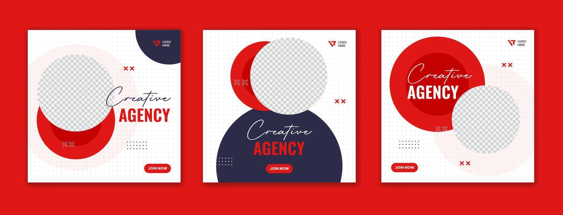 Red round shape corporate social media post design, business agency square layout vector
