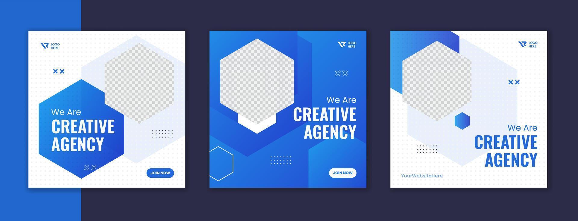 Blue gradient corporate social media post design, sky color business square template set with white hexagon stroke vector