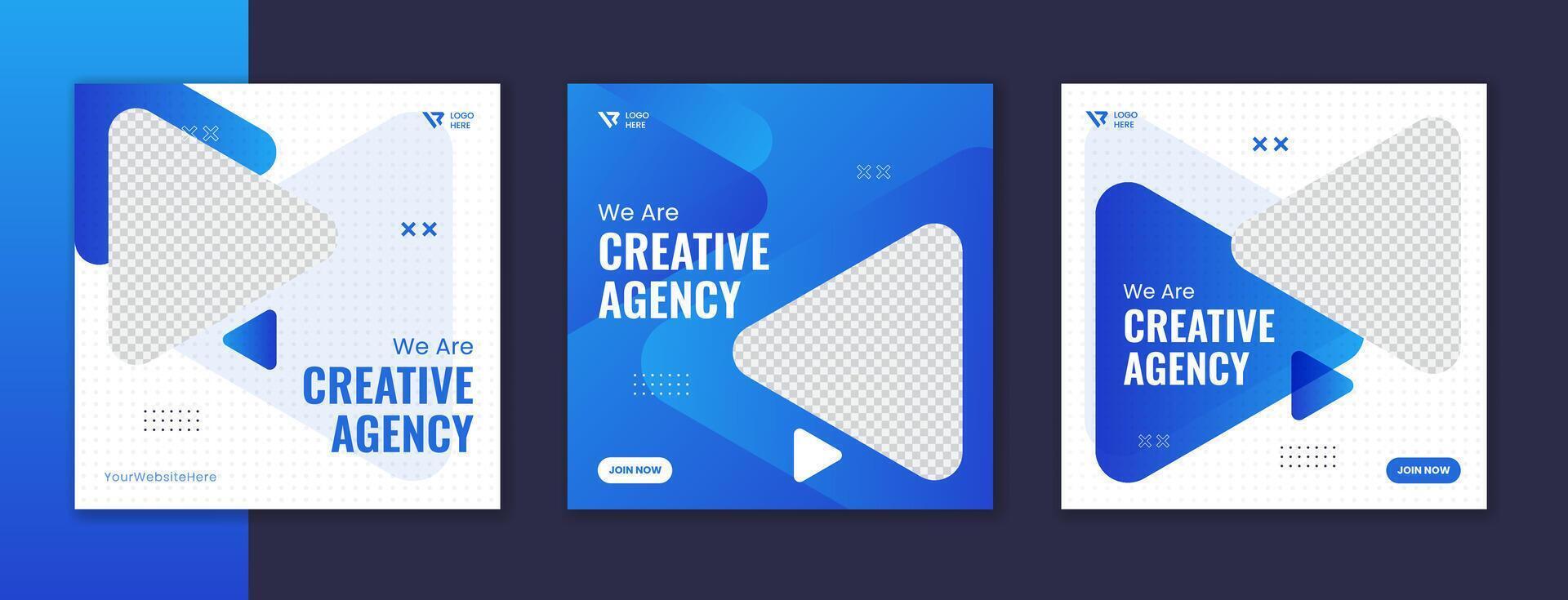 Blue gradient corporate social media post design, sky color business square template set with white stroke, triangle shape creative agency vector