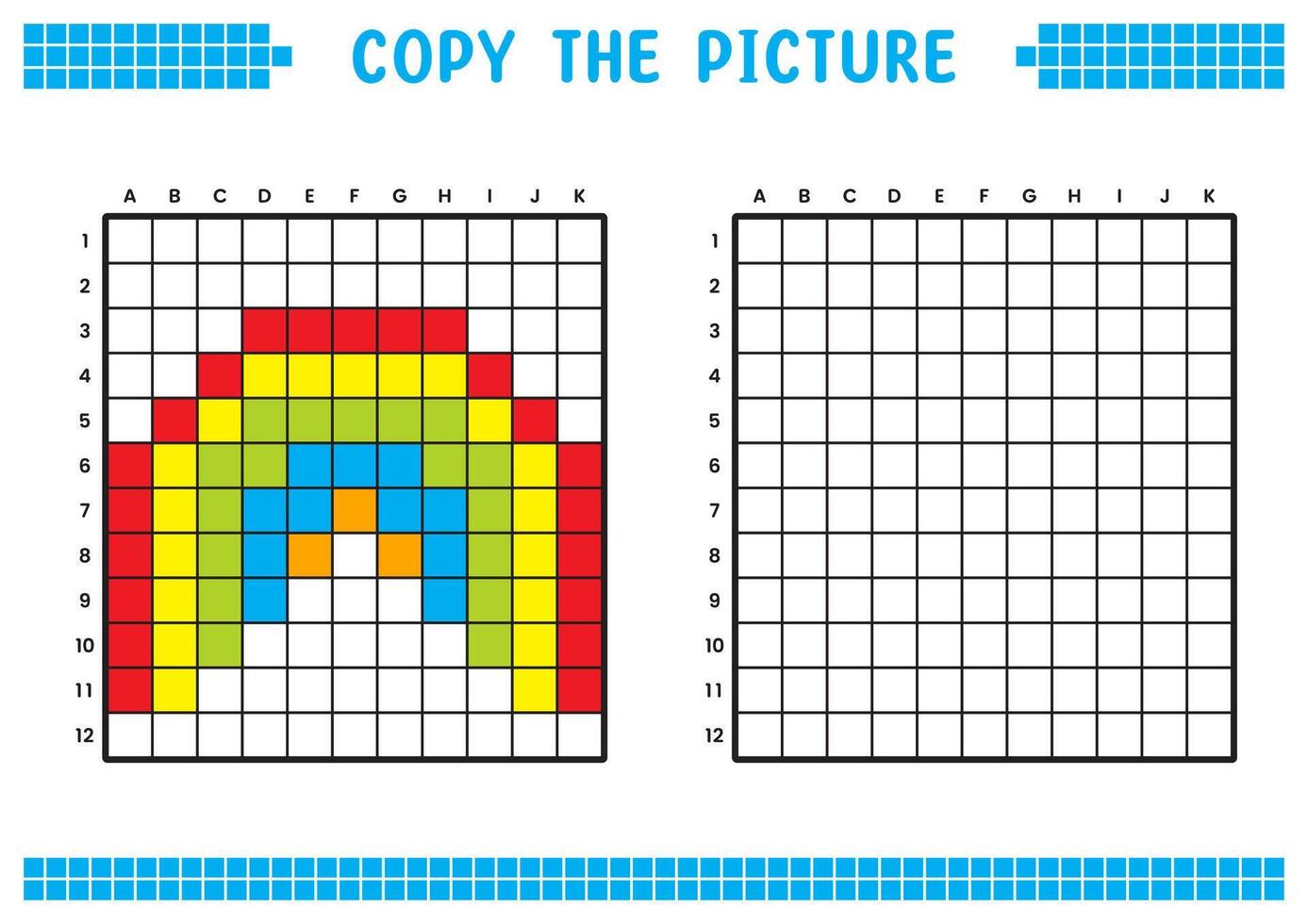 Copiar el imagen, completar el cuadrícula imagen. educativo hojas de trabajo dibujo con cuadrícula, colorante célula áreas para niños preescolar actividades. dibujos animados , píxel Arte. arco iris ilustración. vector