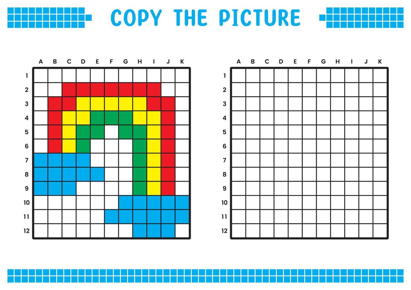 Copiar el imagen, completar el cuadrícula imagen. educativo hojas de trabajo dibujo con cuadrícula, colorante célula áreas para niños preescolar actividades. dibujos animados , píxel Arte. arco iris y nube ilustración. vector