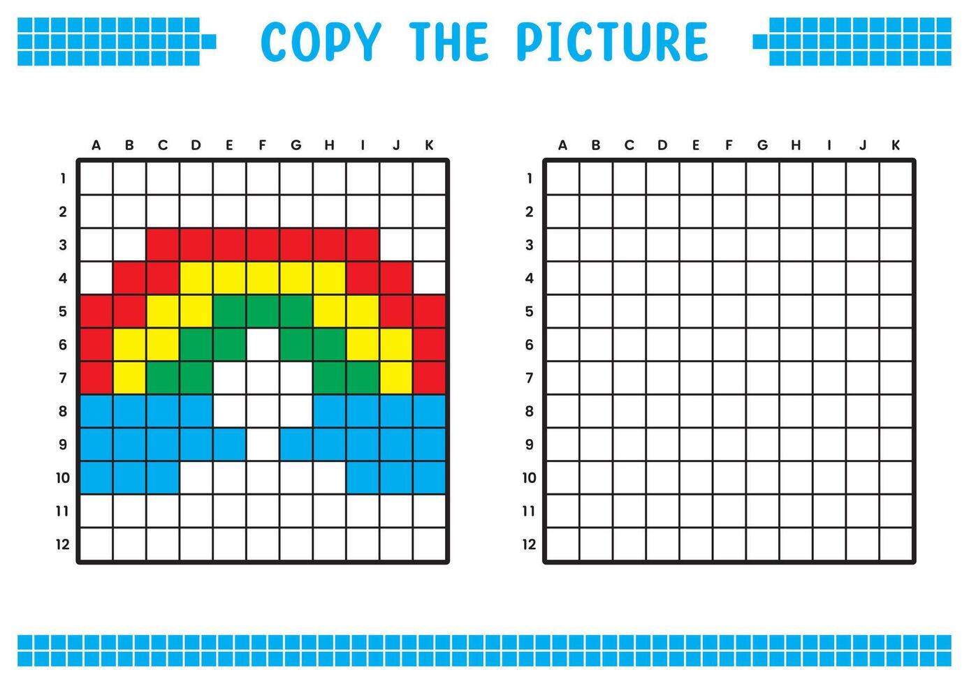 Copy the picture, complete the grid image. Educational worksheets drawing with squares, coloring cell areas. Children's preschool activities. Cartoon , pixel art. Rainbow and cloud illustration. vector