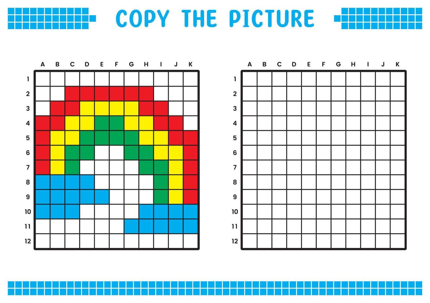 Copiar el imagen, completar el cuadrícula imagen. educativo hojas de trabajo dibujo con cuadrícula, colorante célula áreas para niños preescolar actividades. dibujos animados , píxel Arte. arco iris y nube ilustración. vector