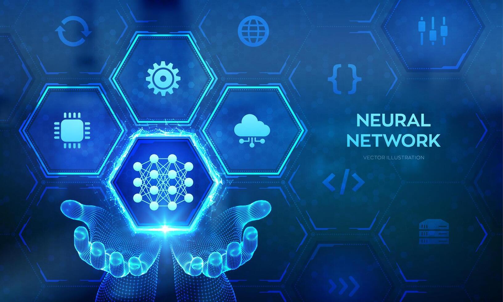 Neural network icon in wireframe hands. AI. Artificial Intelligence. Machine Learning. Deep learning. Big data analysis technology concept. illustration. vector