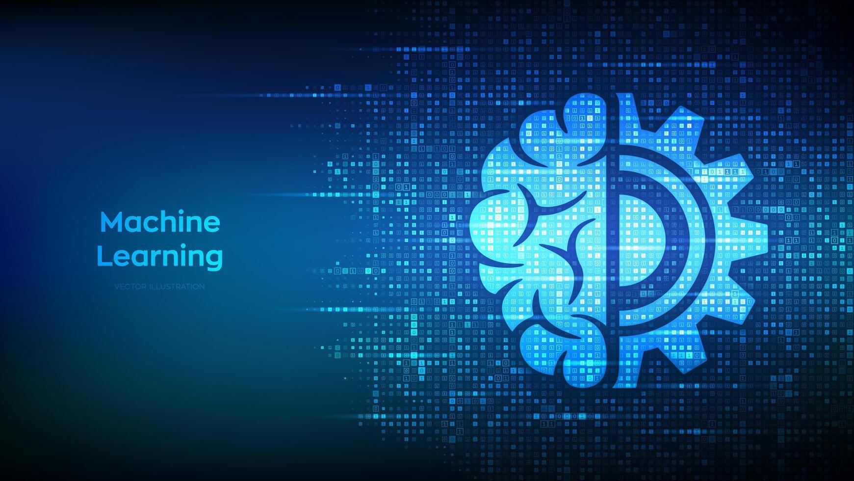 Machine learning icon made with binary code. AI Artificial Intelligence. Deep learning. Data mining, Big Data, algorithm, neural network . Digital code background with digits 1.0. Illustration. vector
