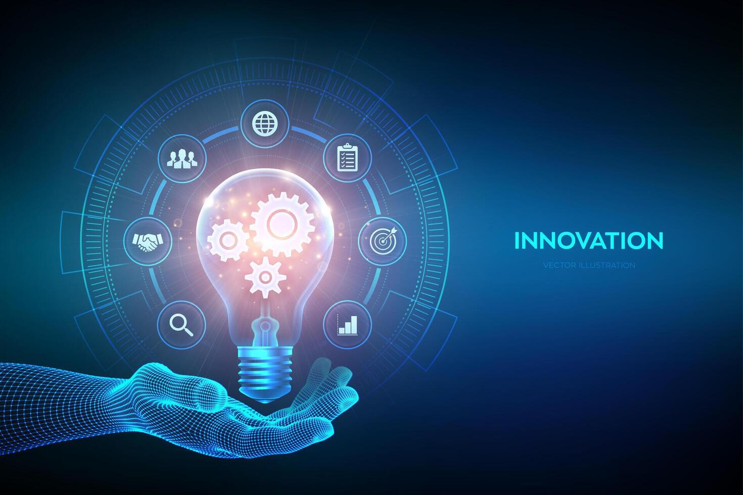 Innovation. Business innovative idea and solution concept. Creative Idea, inspiration. Brainstorming. Creativity. Light bulb with gears cogs inside in hand. Creative Thinking. illustration. vector