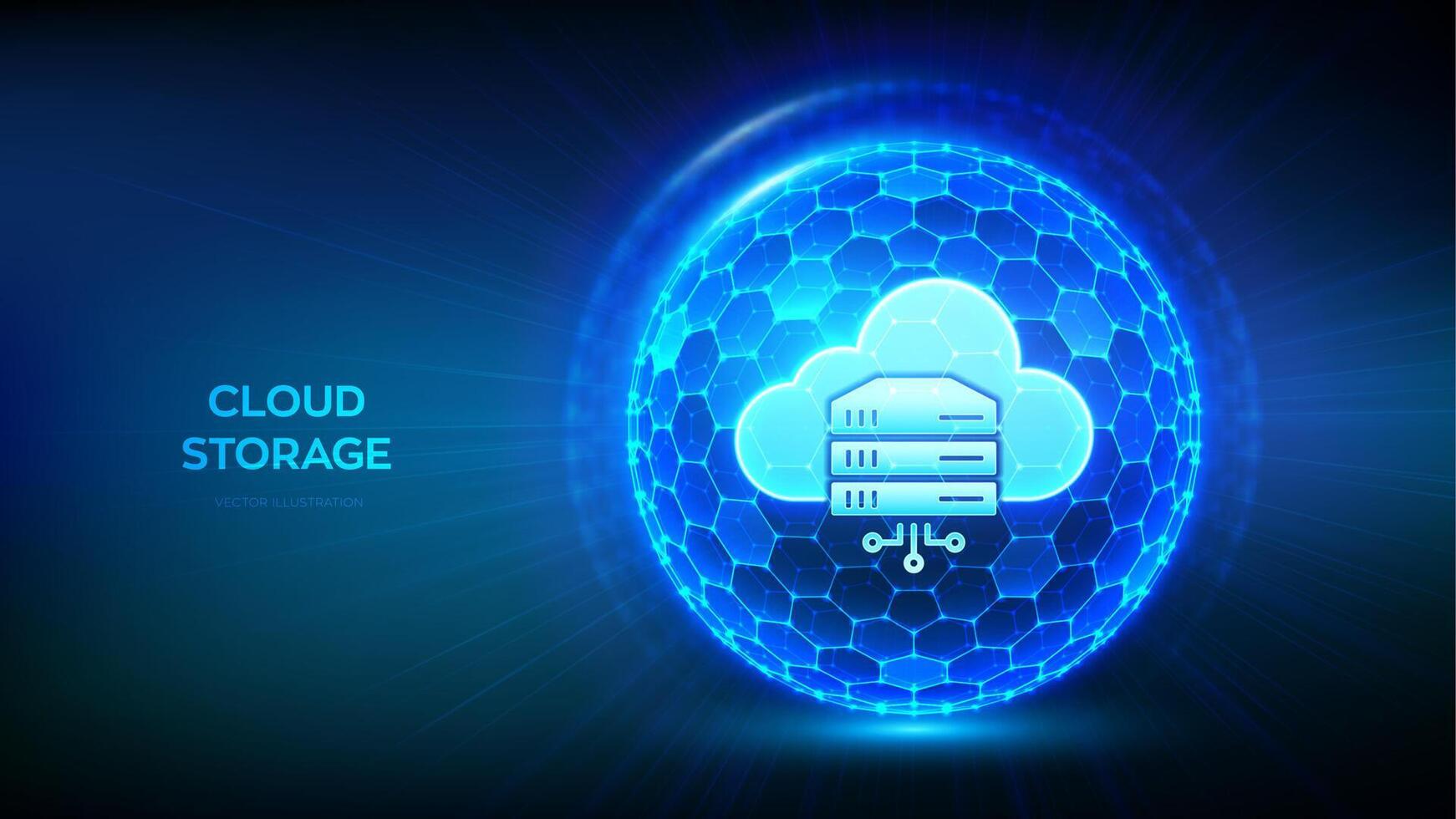 Secure Cloud Storage. Cloud computing online service. Database storage security. Data center protection. Abstract 3D sphere with surface of hexagons with Cloud Storage icon. illustration. vector