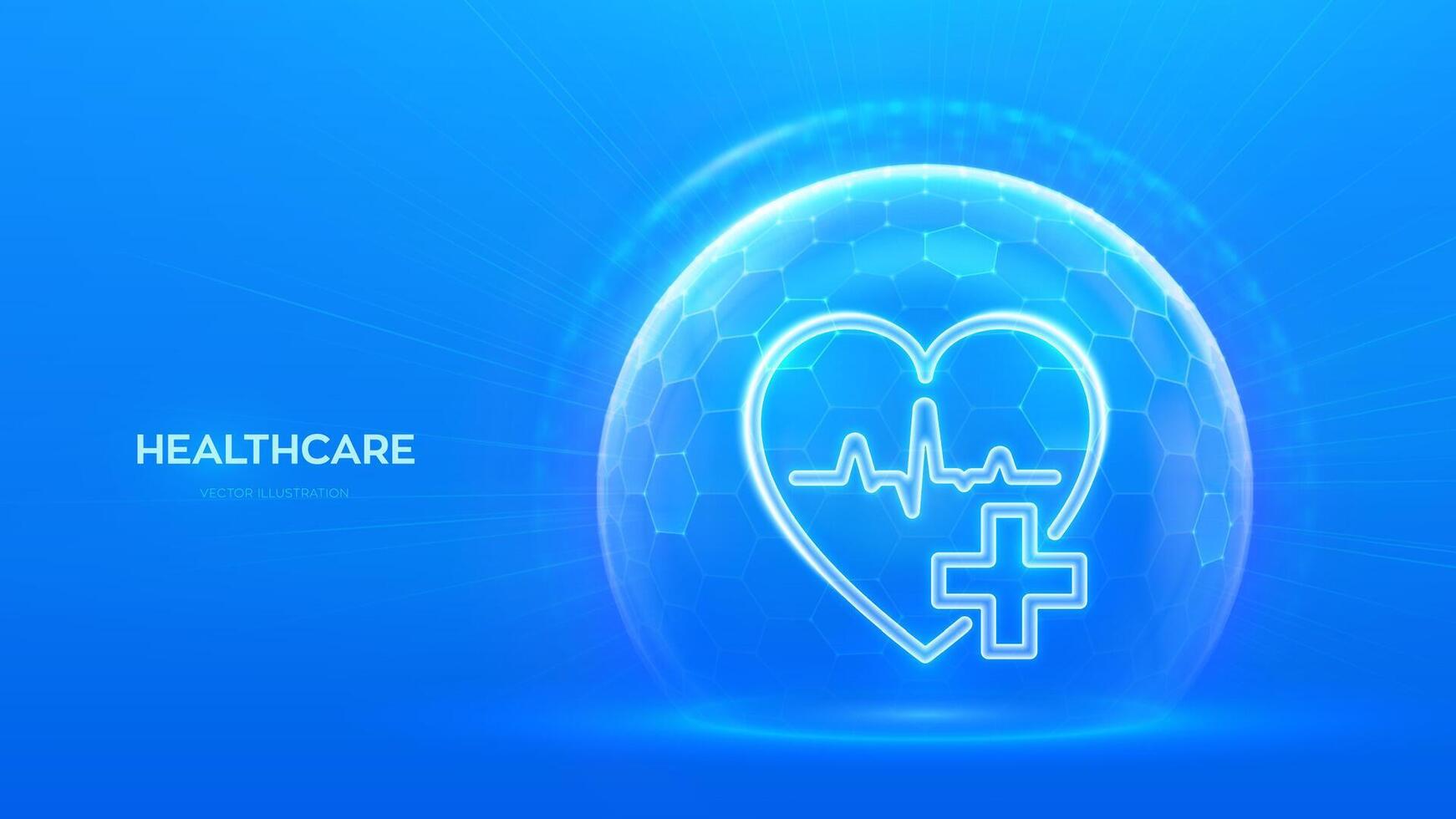 Healthcare. Health insurance. Heart with cross icon inside transparent protection dome sphere shield with hexagon pattern on blue background. Health Care Medical services concept. illustration. vector
