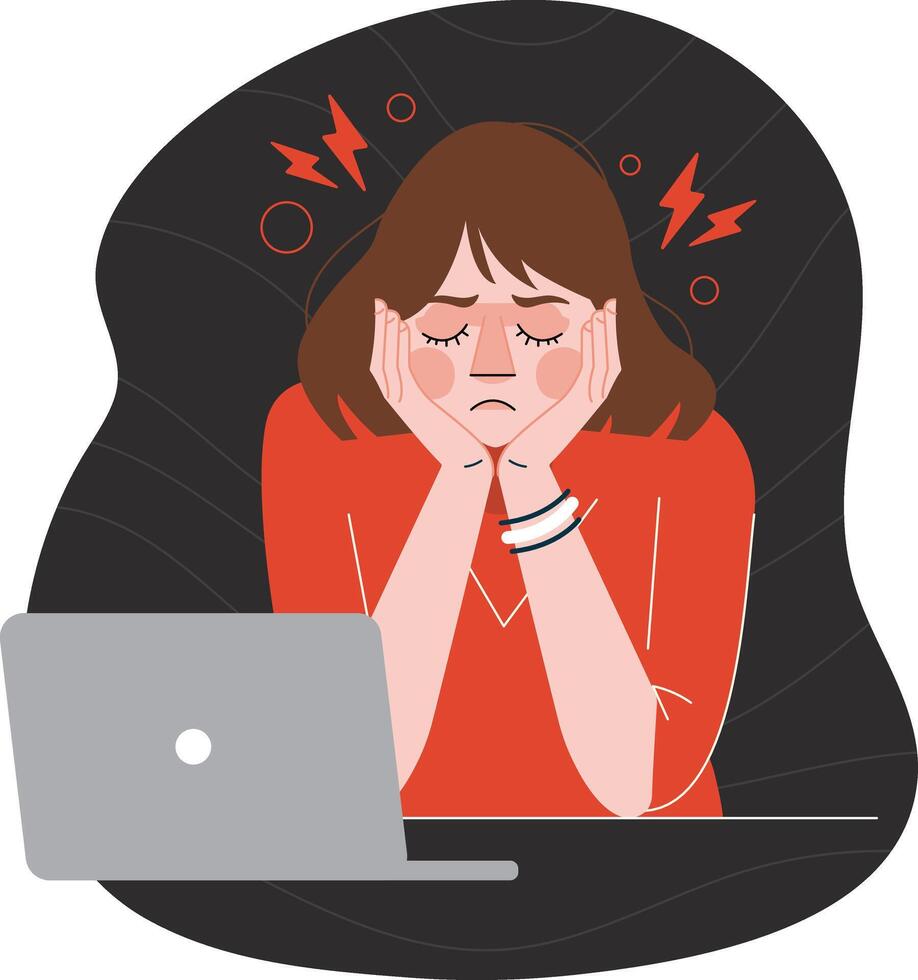 Business woman in stress at work sitting with laptop workplace flat illustration vector
