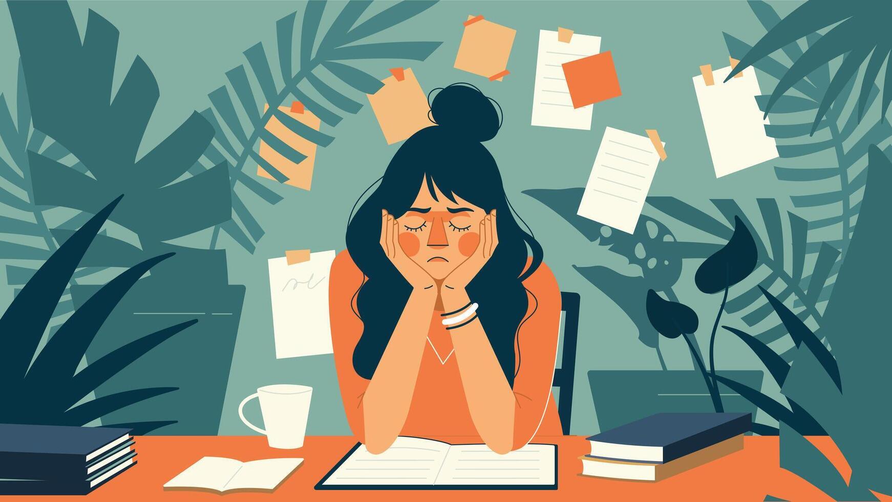 Illustration of pretty cartoon woman in stress, surrounded by work sticky notes and plants vector