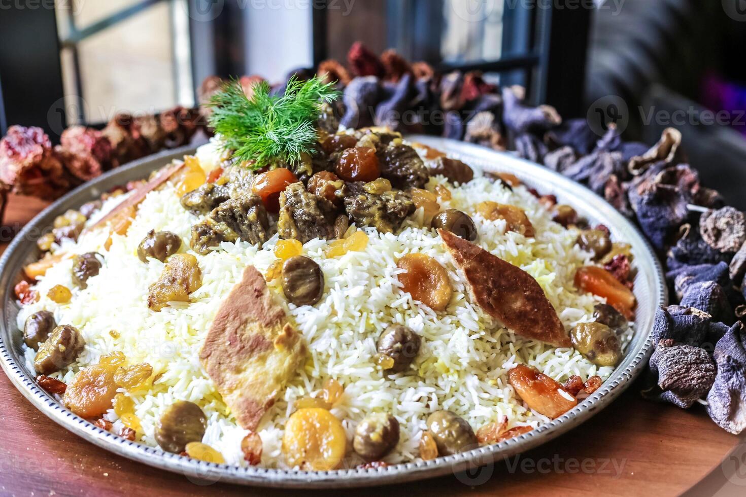 Plate of Food on Wooden Table photo