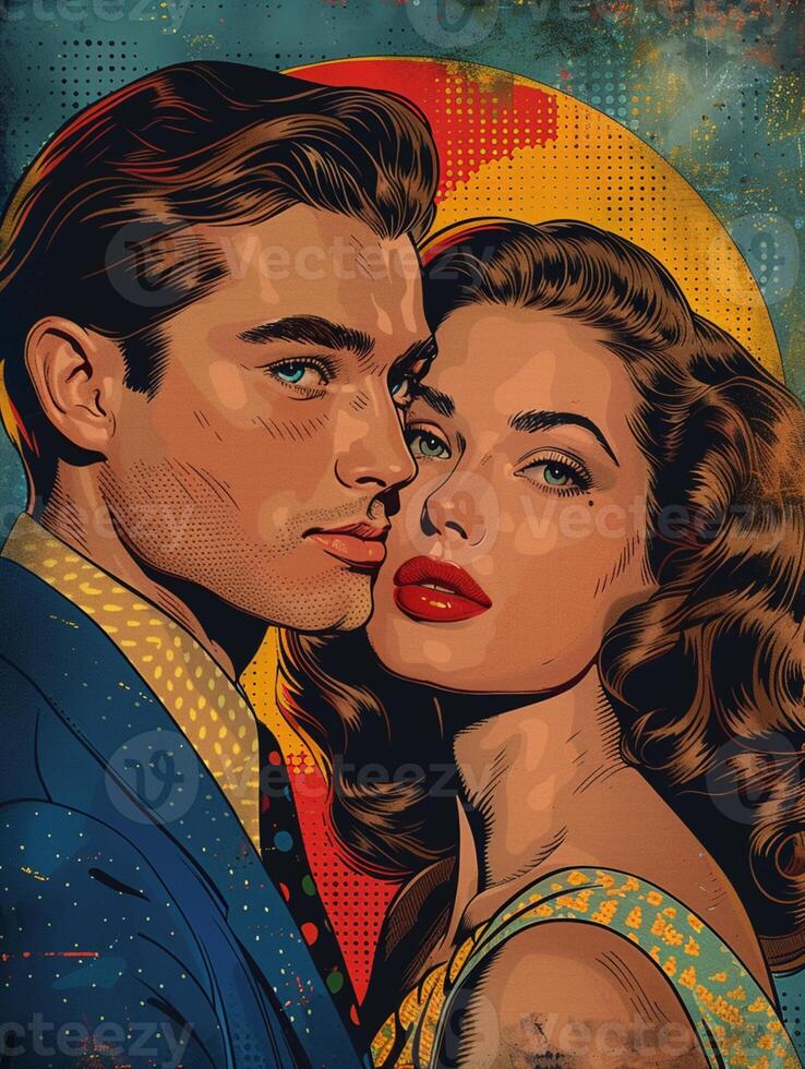 AI generated Wow pop art couple. Sexy couple, woman with curly hair and man in suit. Colorful background in pop art retro comic style. photo