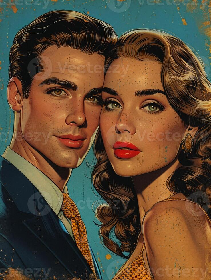 ai generado Guau popular Arte Pareja. sexy pareja, mujer con Rizado pelo y hombre en traje. vistoso antecedentes en popular Arte retro cómic estilo. foto