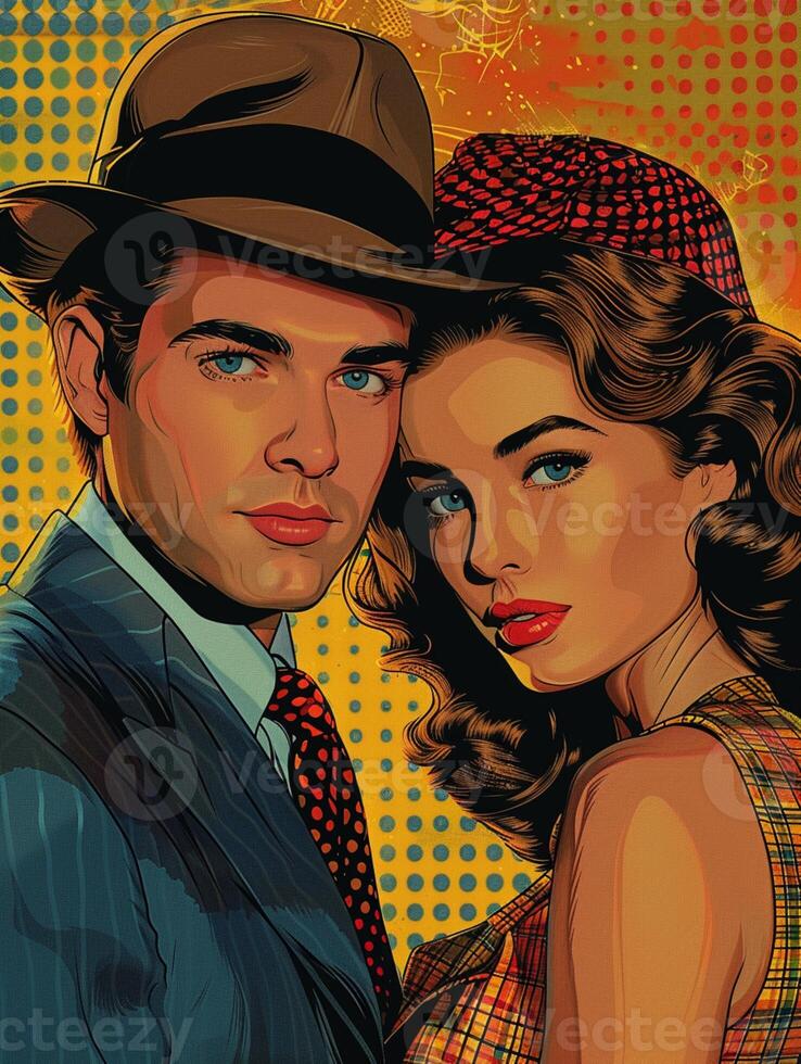 AI generated Wow pop art couple. Sexy couple, woman with curly hair and man in suit. Colorful background in pop art retro comic style. photo