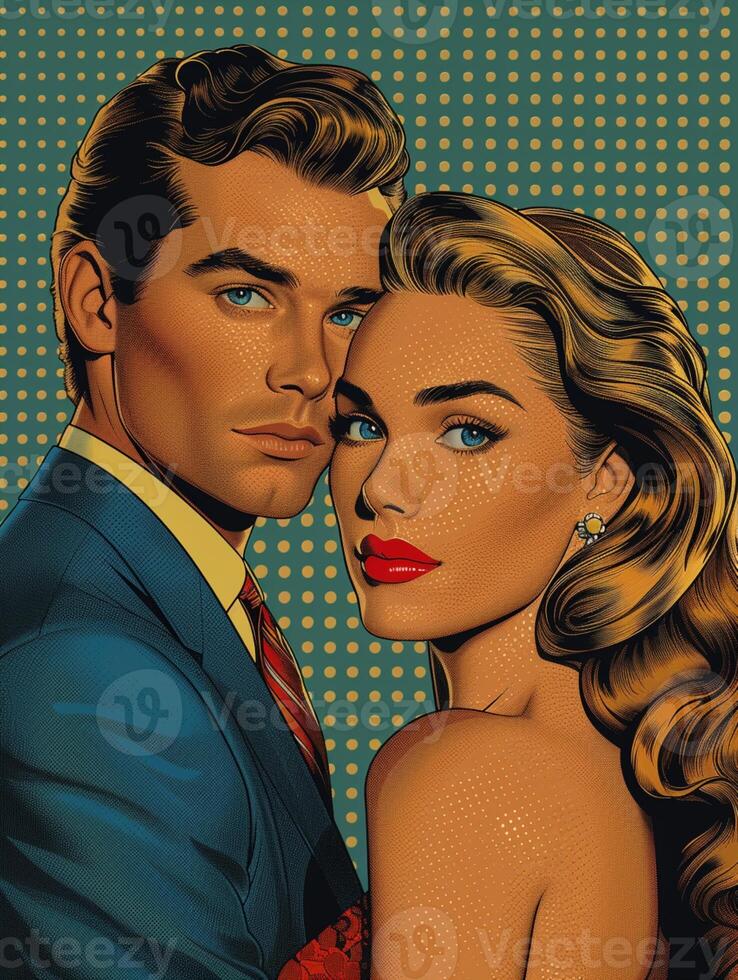 ai generado Guau popular Arte Pareja. sexy pareja, mujer con Rizado pelo y hombre en traje. vistoso antecedentes en popular Arte retro cómic estilo. foto