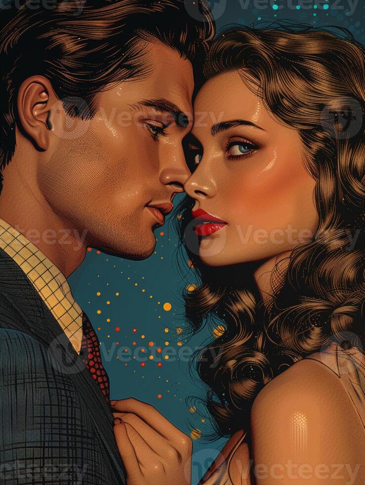 ai generado Guau popular Arte Pareja. sexy pareja, mujer con Rizado pelo y hombre en traje. vistoso antecedentes en popular Arte retro cómic estilo. foto