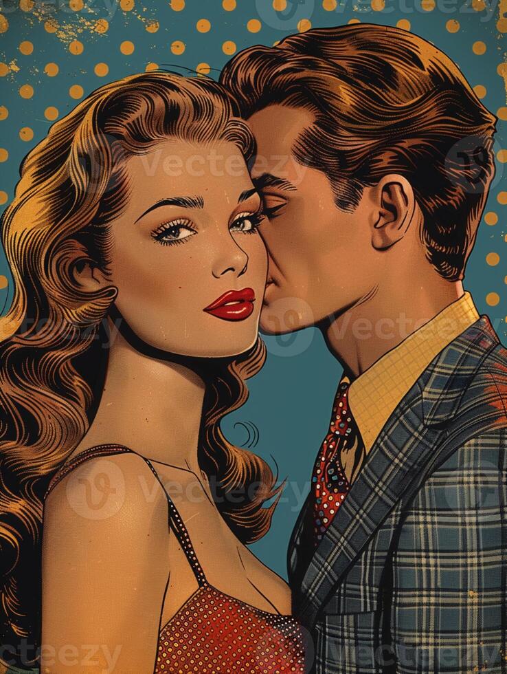 ai generado Guau popular Arte Pareja. sexy pareja, mujer con Rizado pelo y hombre en traje. vistoso antecedentes en popular Arte retro cómic estilo. foto