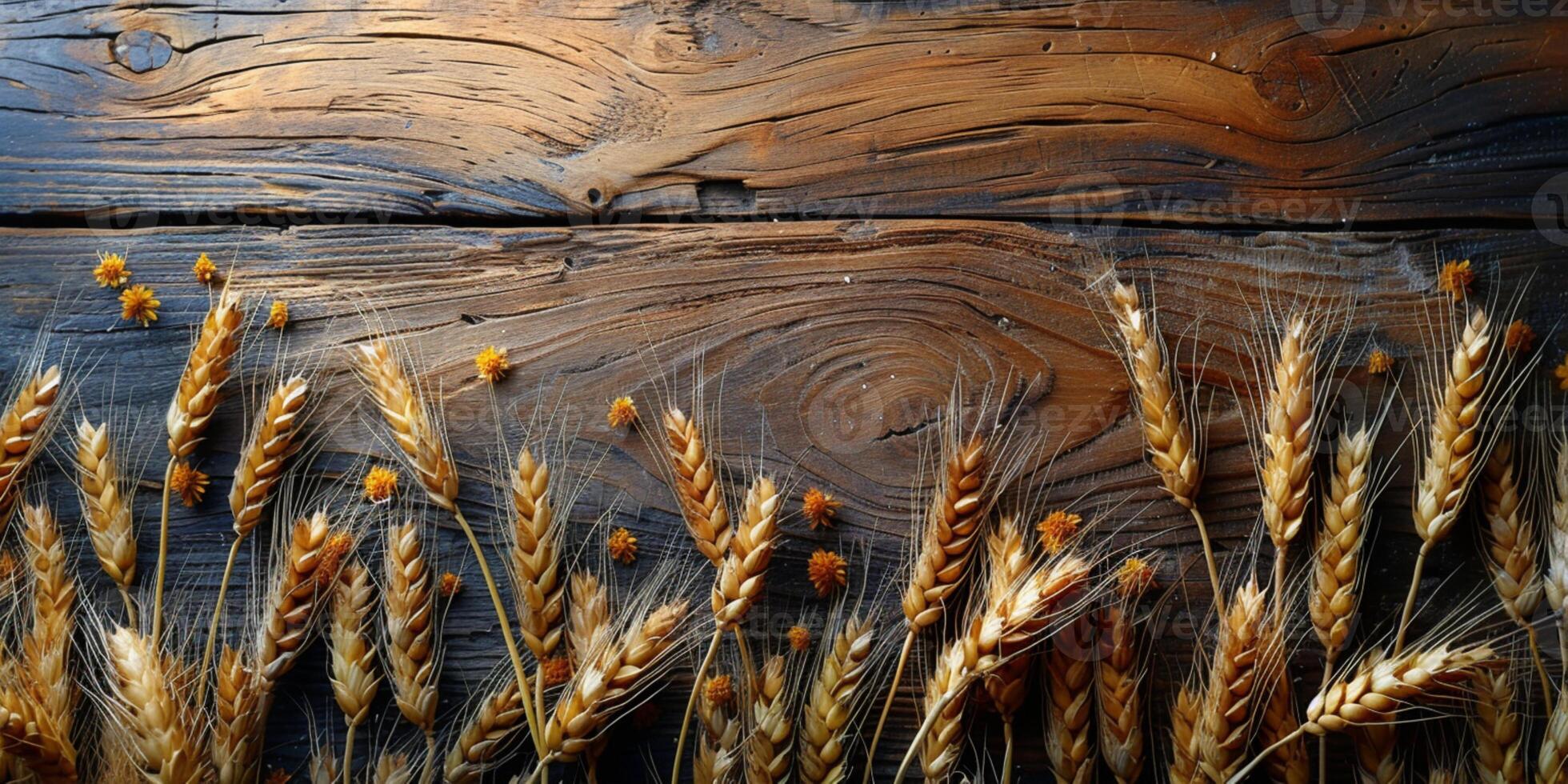 AI generated Wooden background with ears of grain, eco background photo