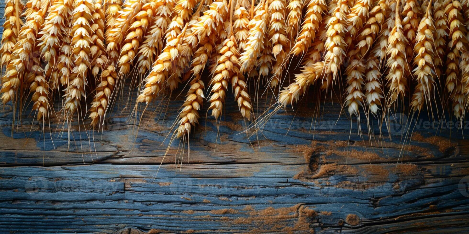 AI generated Wooden background with ears of grain, eco background photo