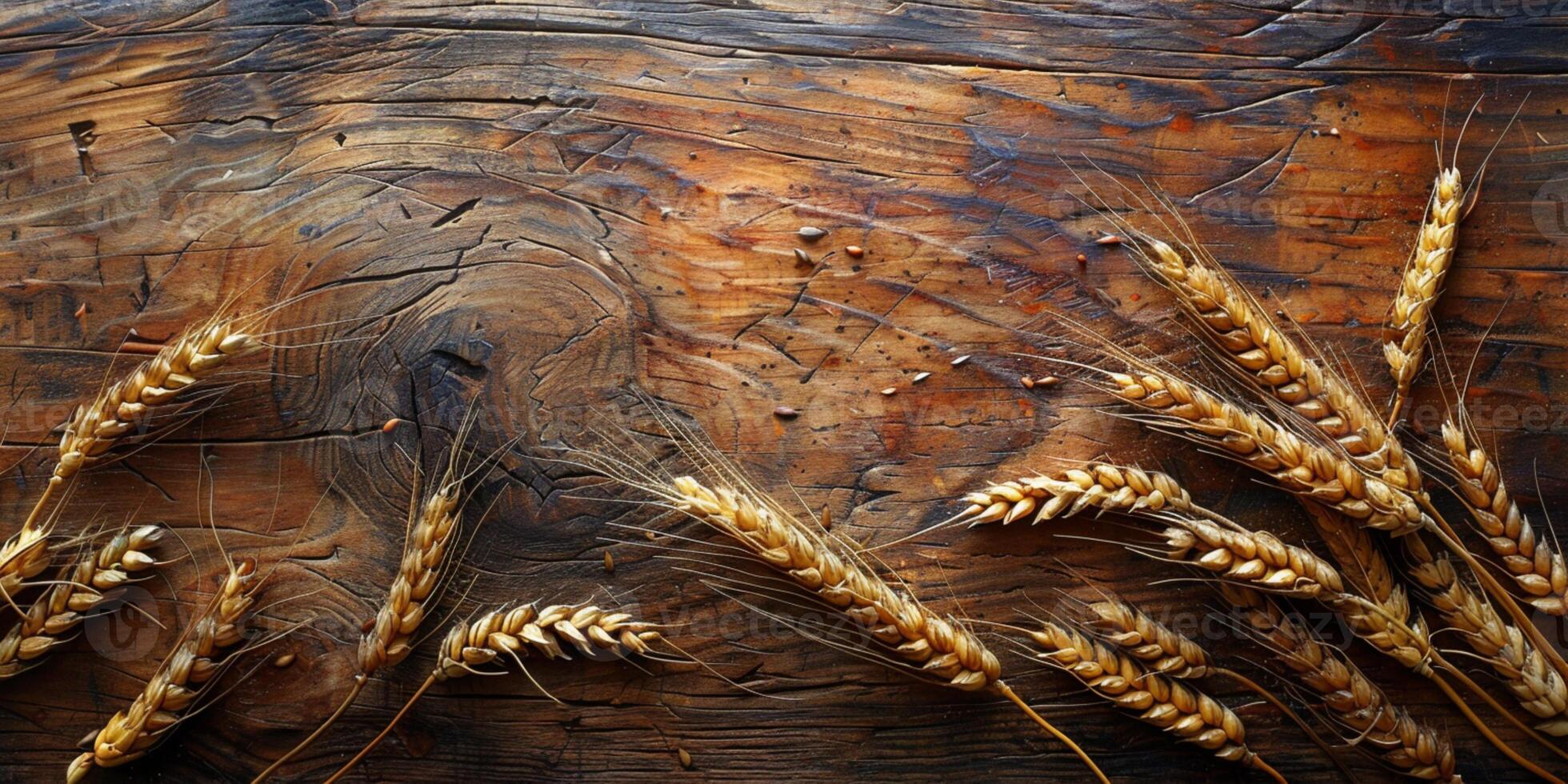 AI generated Wooden background with ears of grain, eco background photo