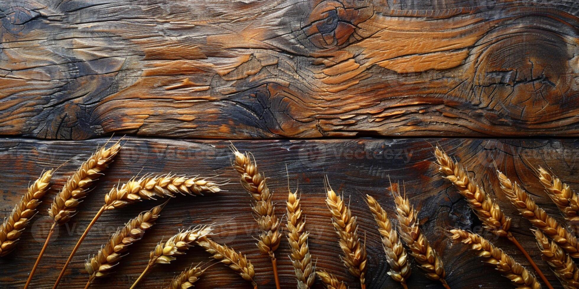 AI generated Wooden background with ears of grain, eco background photo