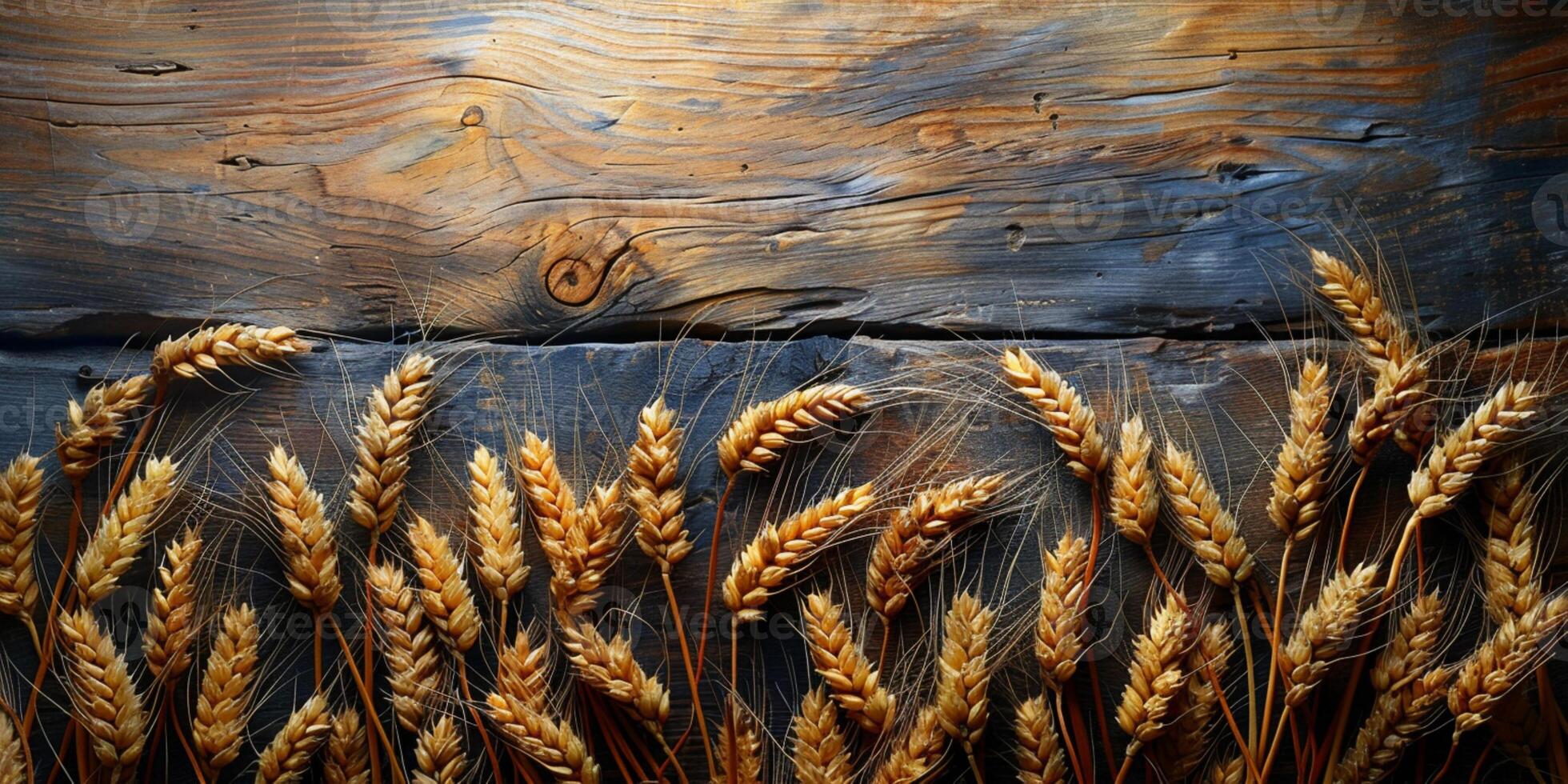 AI generated Wooden background with ears of grain, eco background photo