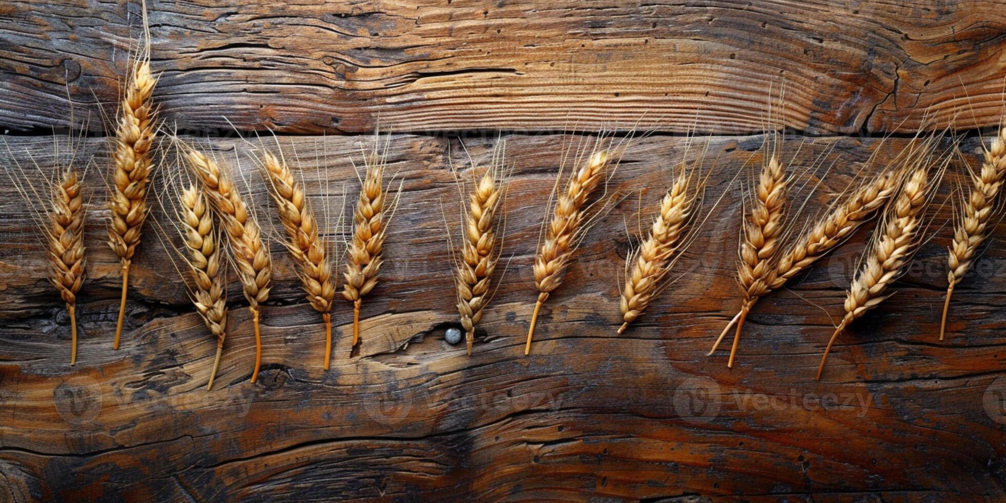 AI generated Wooden background with ears of grain, eco background photo