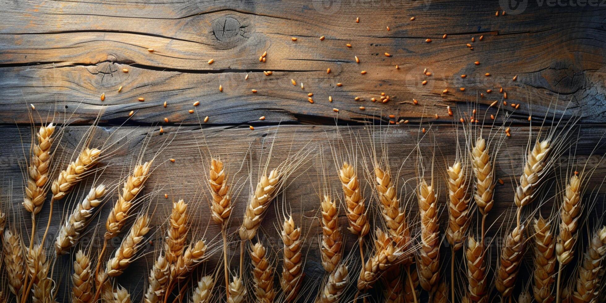 AI generated Wooden background with ears of grain, eco background photo