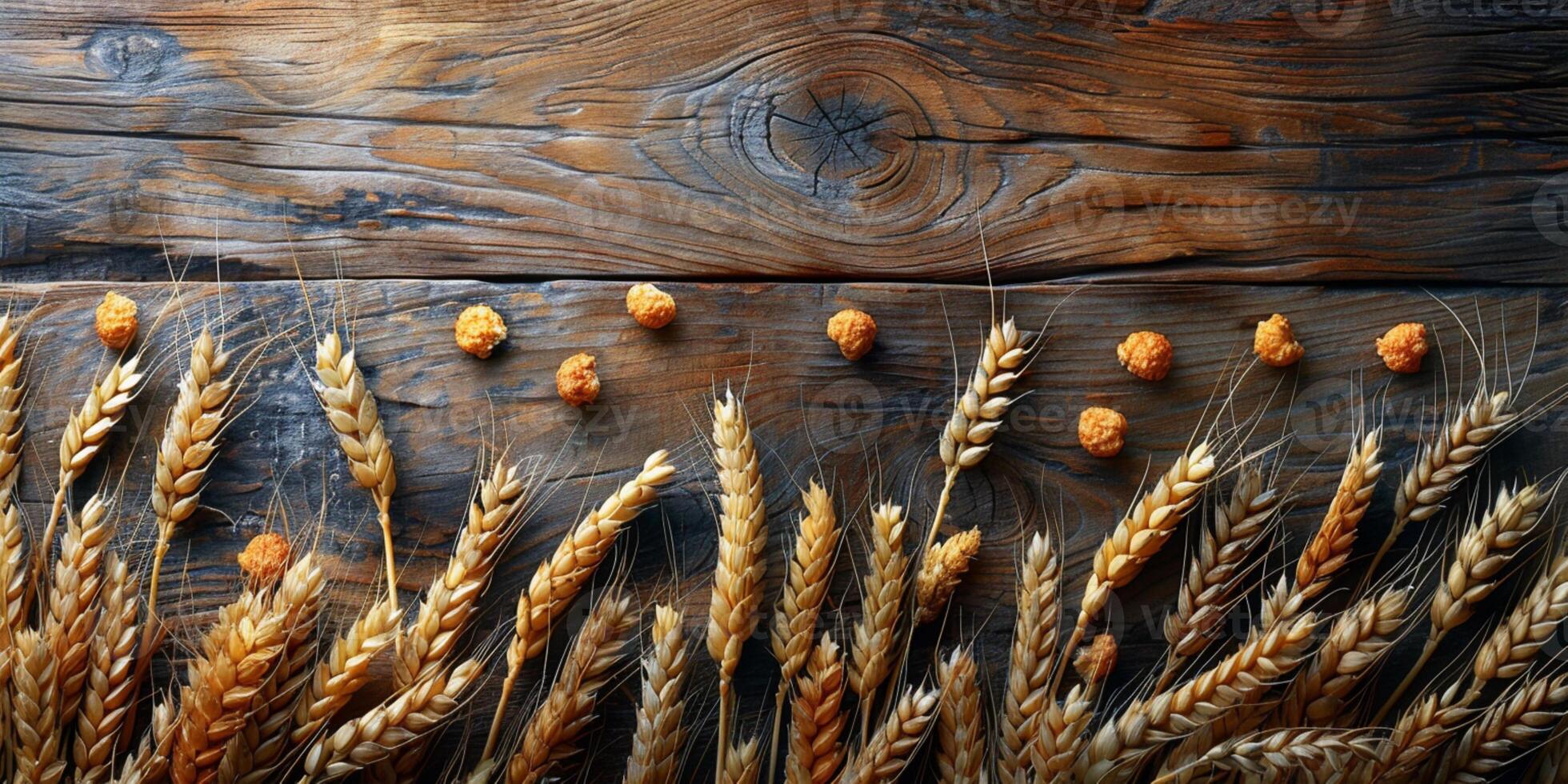 AI generated Wooden background with ears of grain, eco background photo