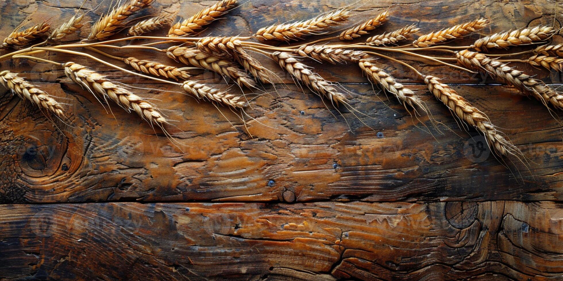 AI generated Wooden background with ears of grain, eco background photo