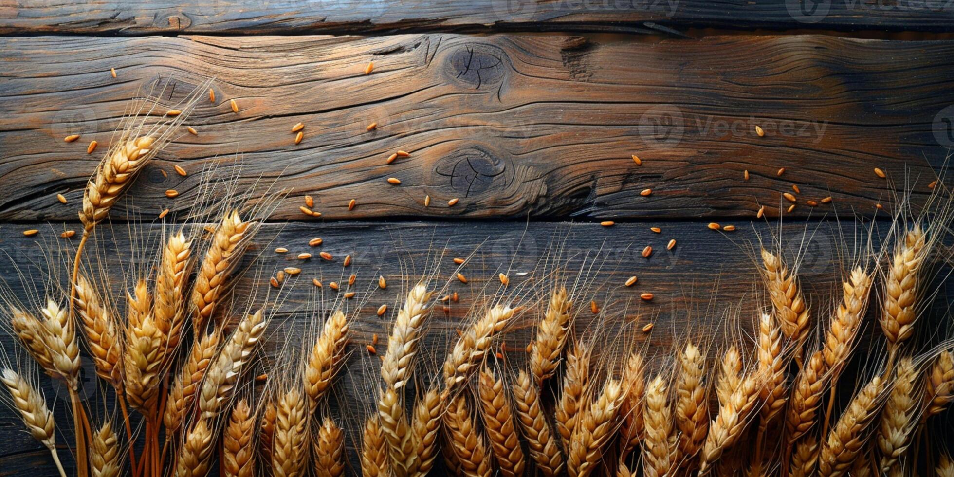 AI generated Wooden background with ears of grain, eco background photo