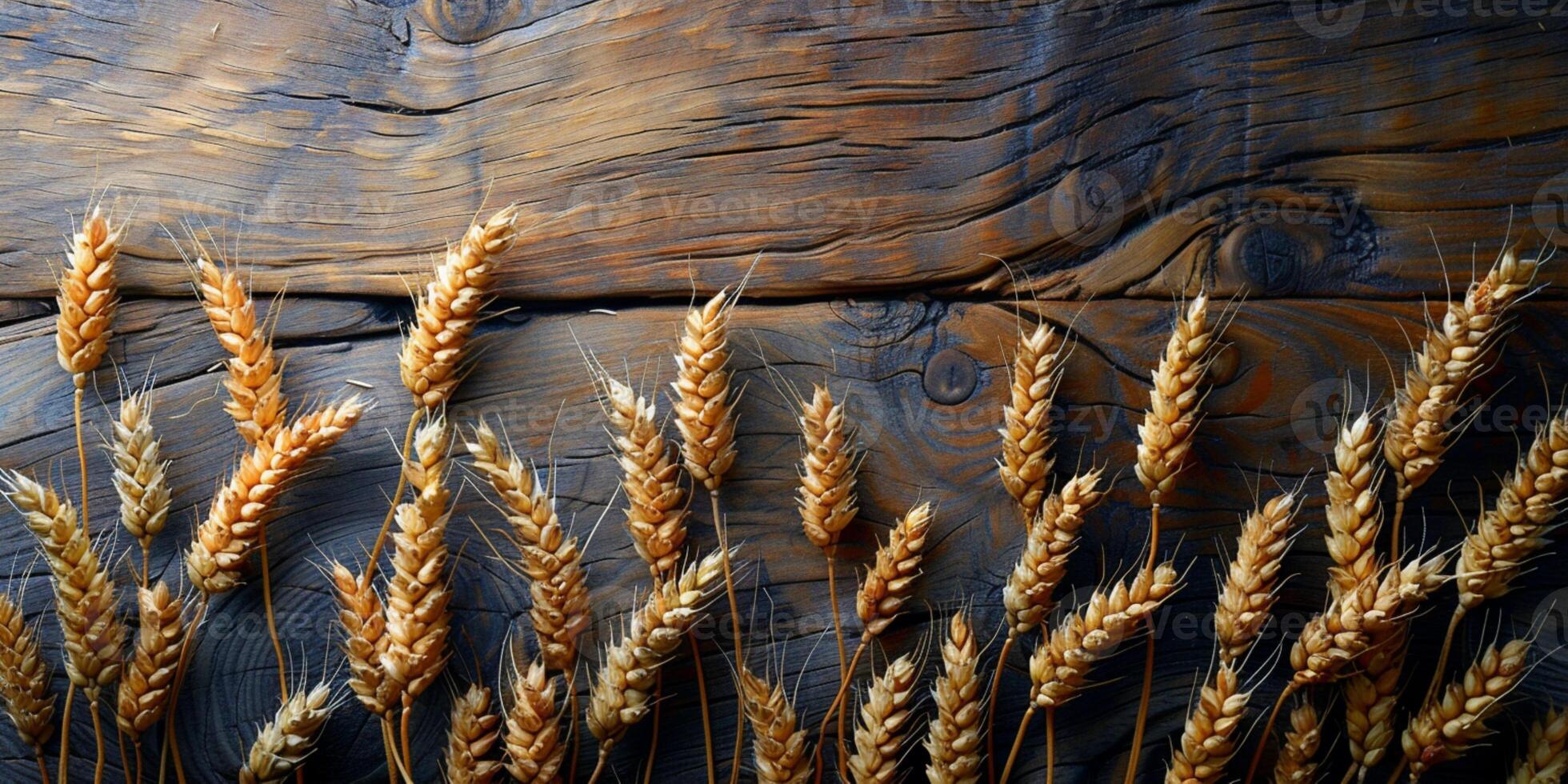 AI generated Wooden background with ears of grain, eco background photo