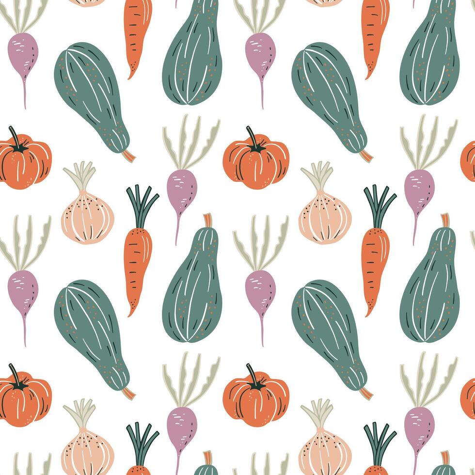 Seamless pattern with hand drawn vegetables, Cute illustration. vector