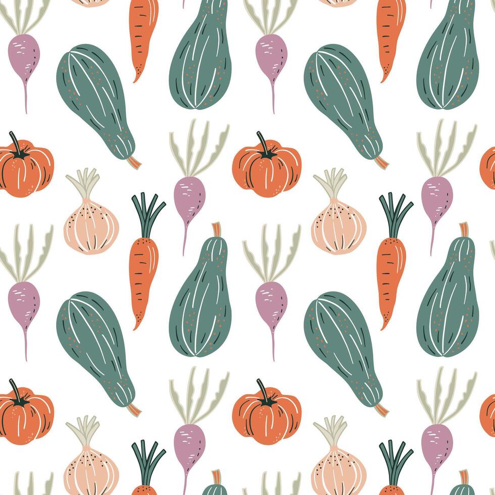 Seamless pattern with hand drawn vegetables, Cute illustration. vector