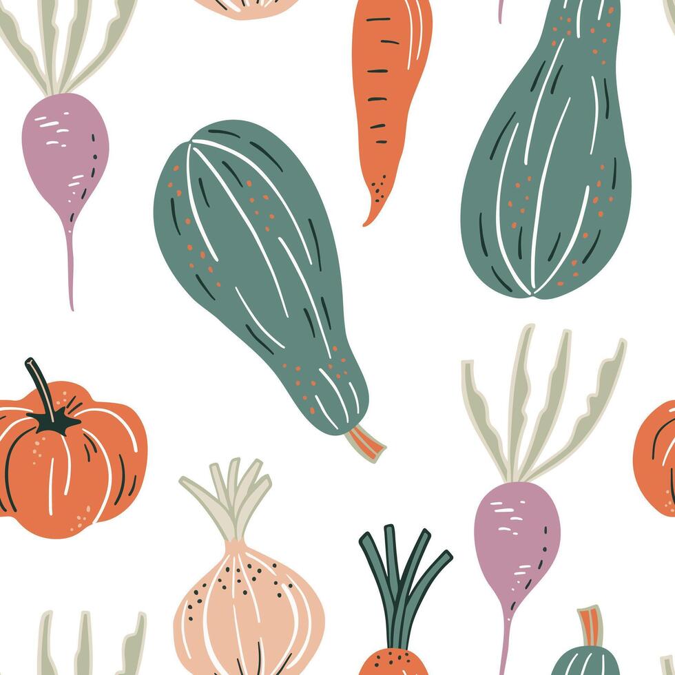 Seamless pattern with hand drawn vegetables, Cute illustration. vector