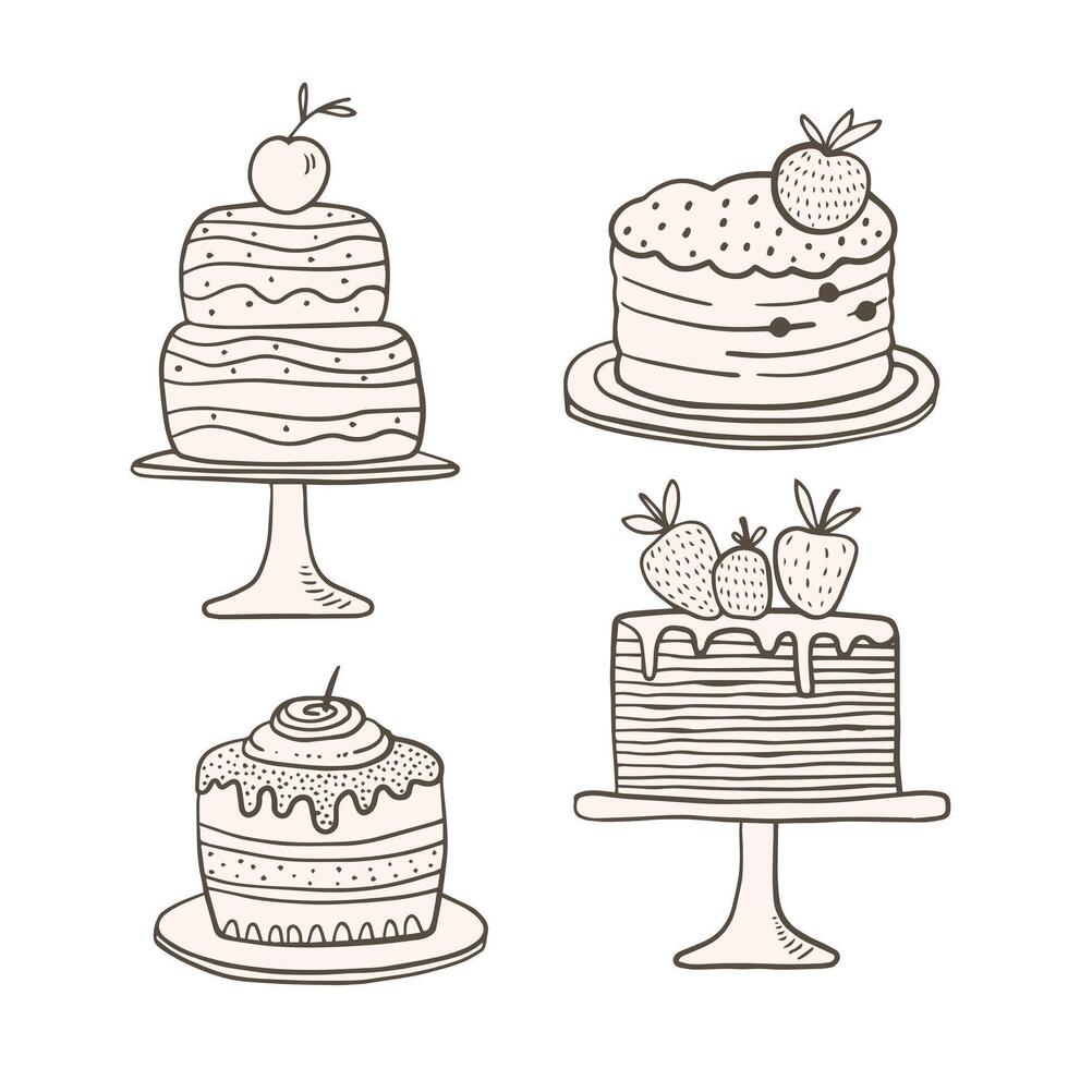 Set of cute hand drawn cakes, linear illustration. vector