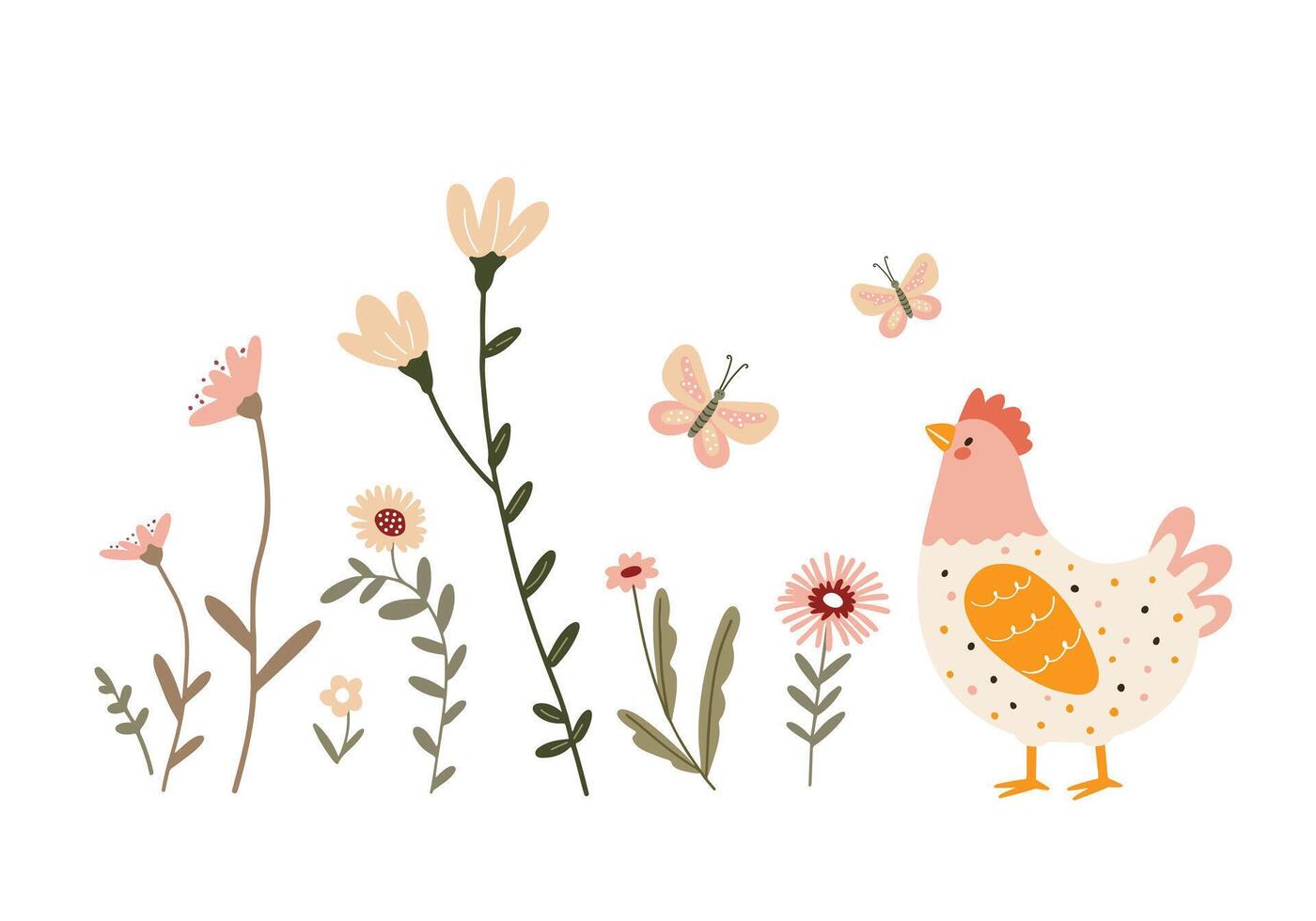 adorable ilustración de un pollo entre primavera flores y mariposas en un blanco antecedentes vector