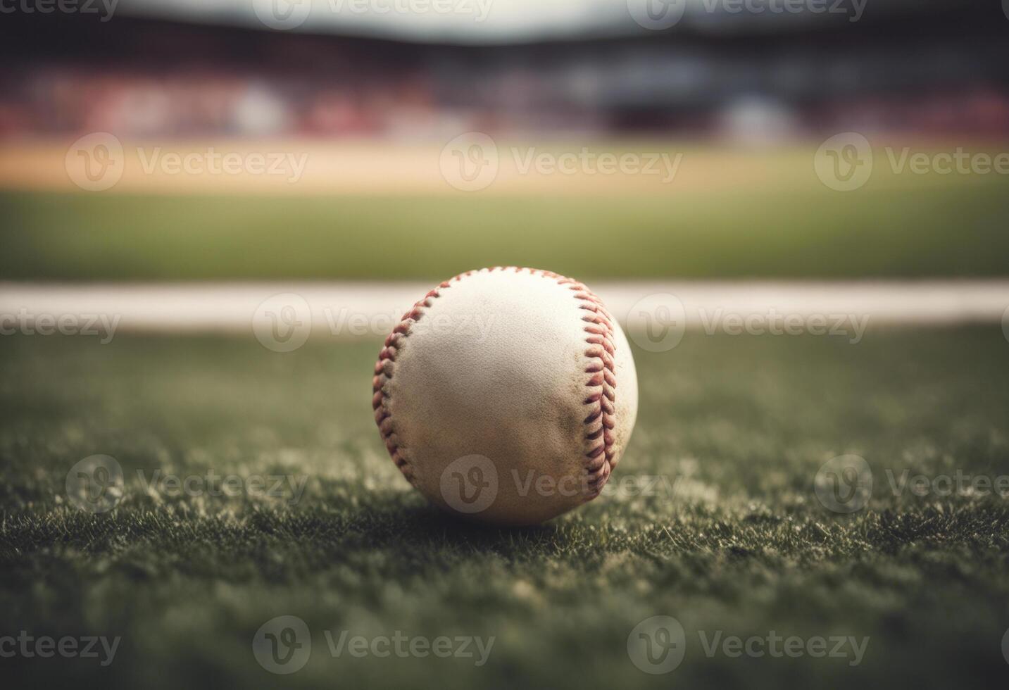 ai generado un béisbol pelota en el suelo, borroso estadio antecedentes foto