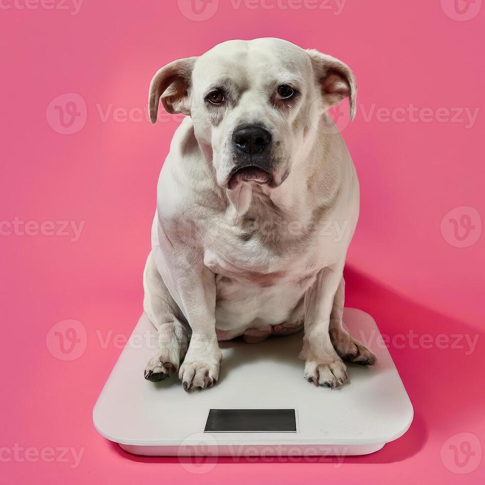 AI generated obese grumpy dog sat on a scale photo