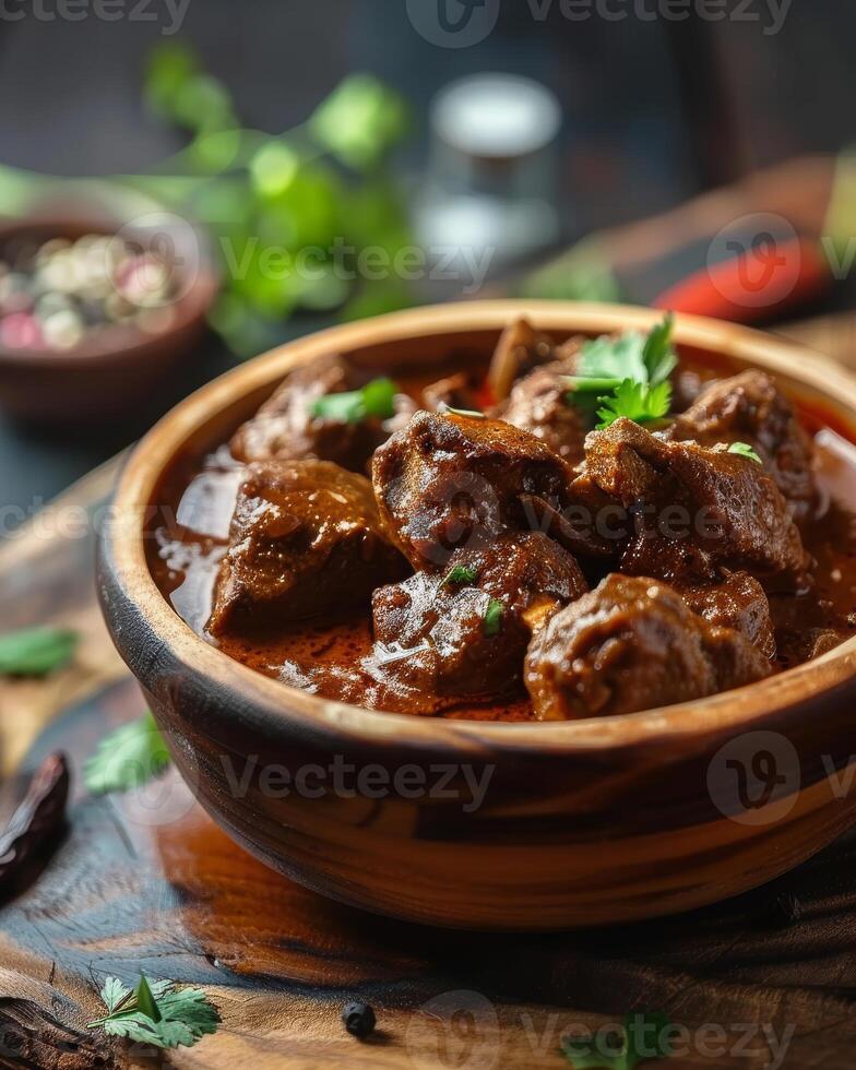 beef rendang or meat stew on a bowl with field of depth photo